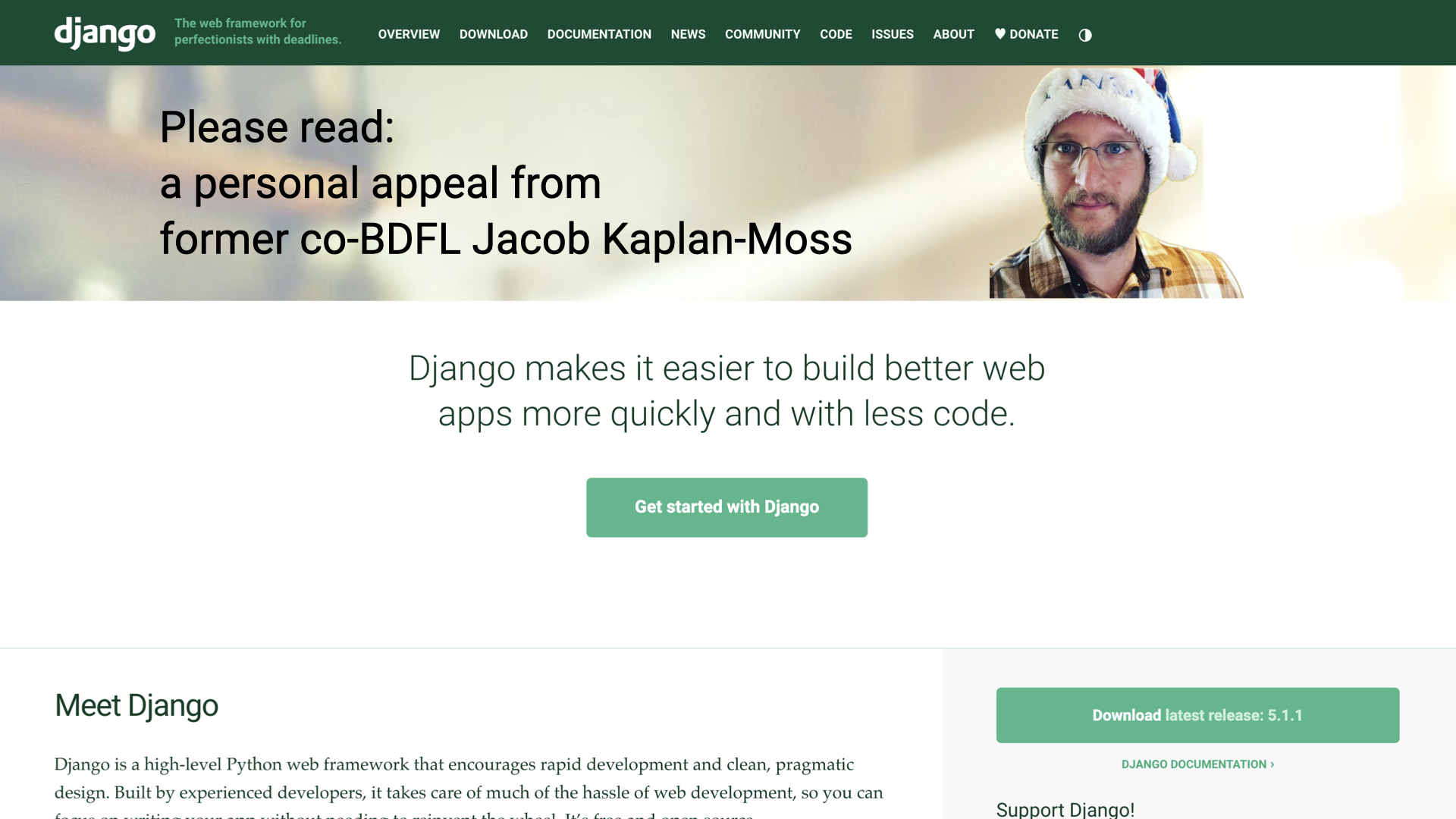 A screenshot of djangoproject.com with a banner ad featuring my face and reading, "Please read: a personal appeal from 50 former co-BDFL Jacob Kaplan-Moss"