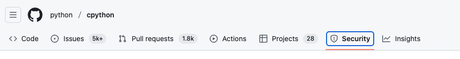 Screenshot of GitHub's project nav, highlighting the Security tab in the secondary nav.